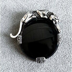 Vtg Art Deco Revival STERLING PANTHER BROOCH / PENDANT Onyx RED EYES Marcasites